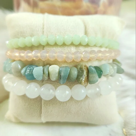 NWT Ryze Natural Stone Clear Quartz, Druzy, & Amazonite Stack Bracelets-Set of 4 - Picture 2 of 5